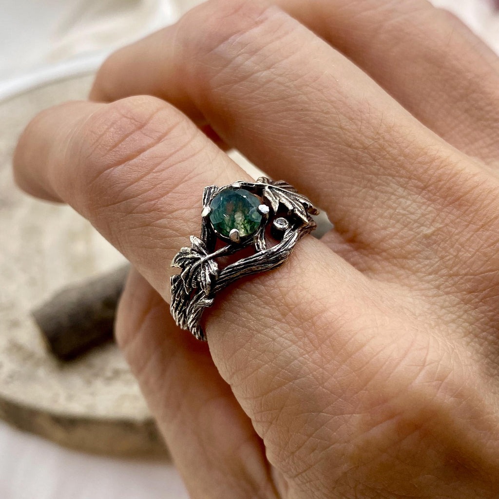 Moss Agate Sterling Silver Maple Leaf Ring