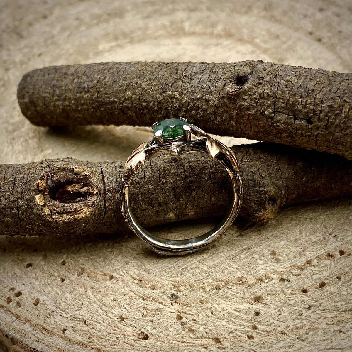Moss Agate Sterling Silver Maple Leaf Ring