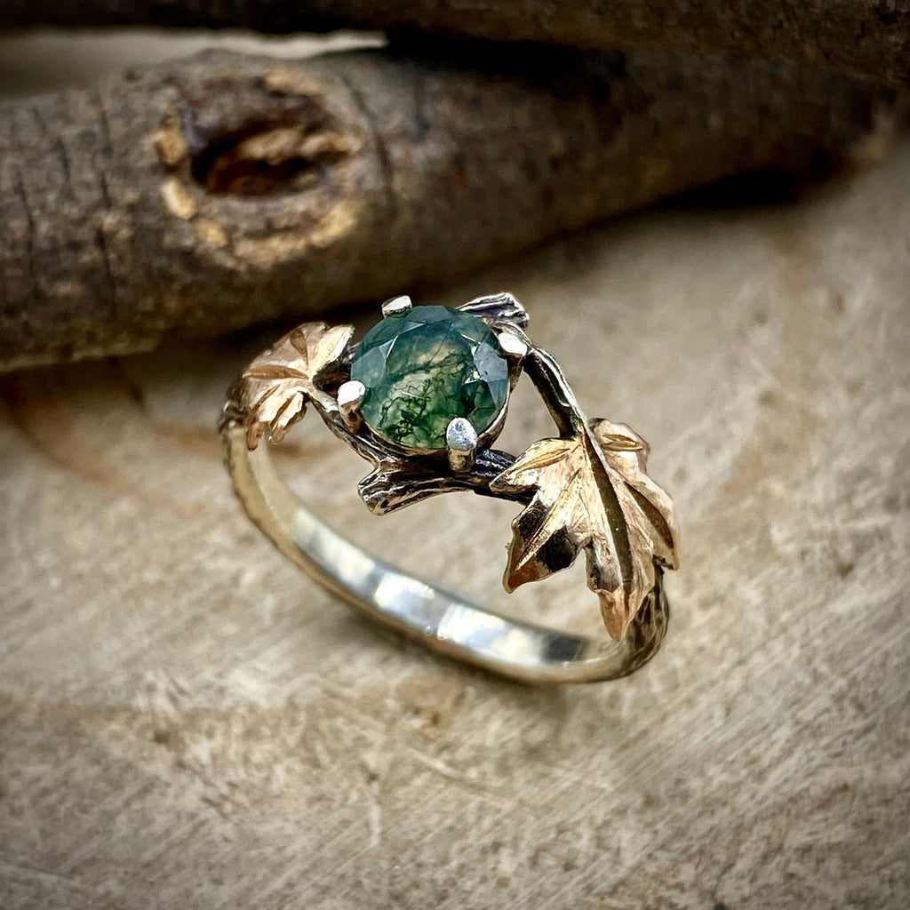 Moss Agate Sterling Silver Maple Leaf Ring