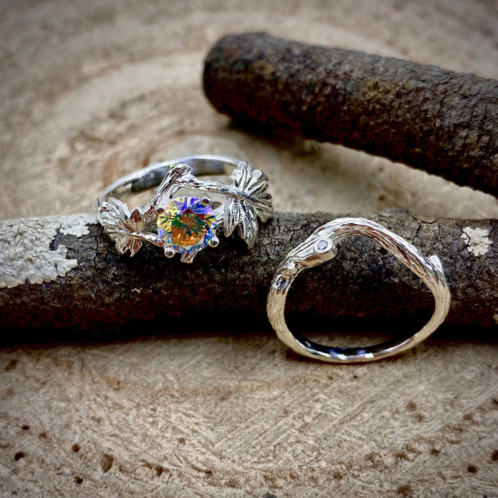 Zircon Sterling Silver Maple Leaf Ring Set