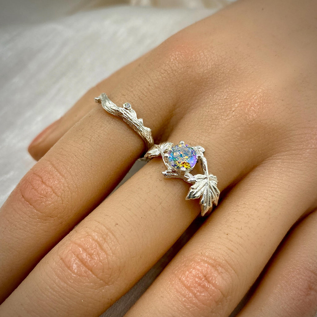 Zircon Sterling Silver Maple Leaf Ring Set