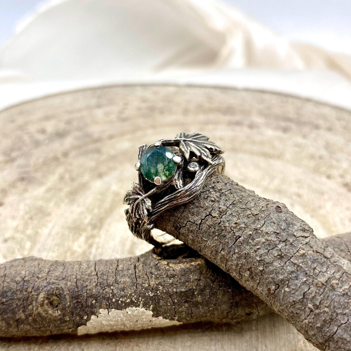 Moss Agate Sterling Silver Maple Leaf Ring