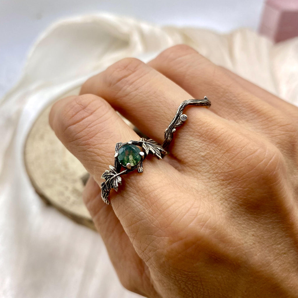 Moss Agate Sterling Silver Maple Leaf Ring