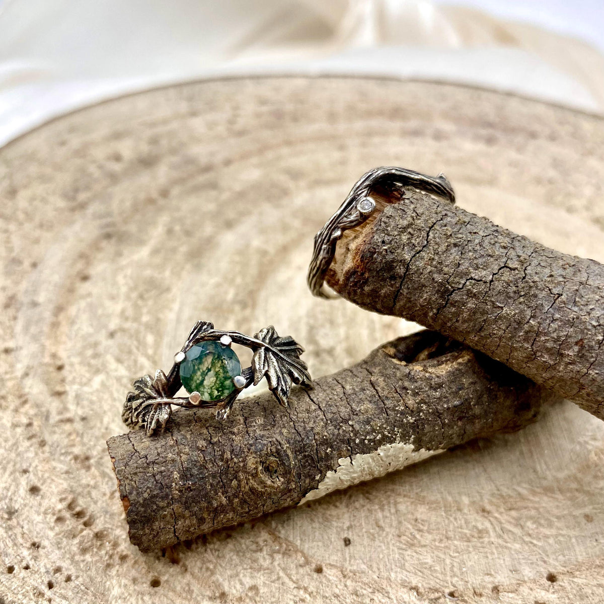 Moss Agate Sterling Silver Maple Leaf Ring