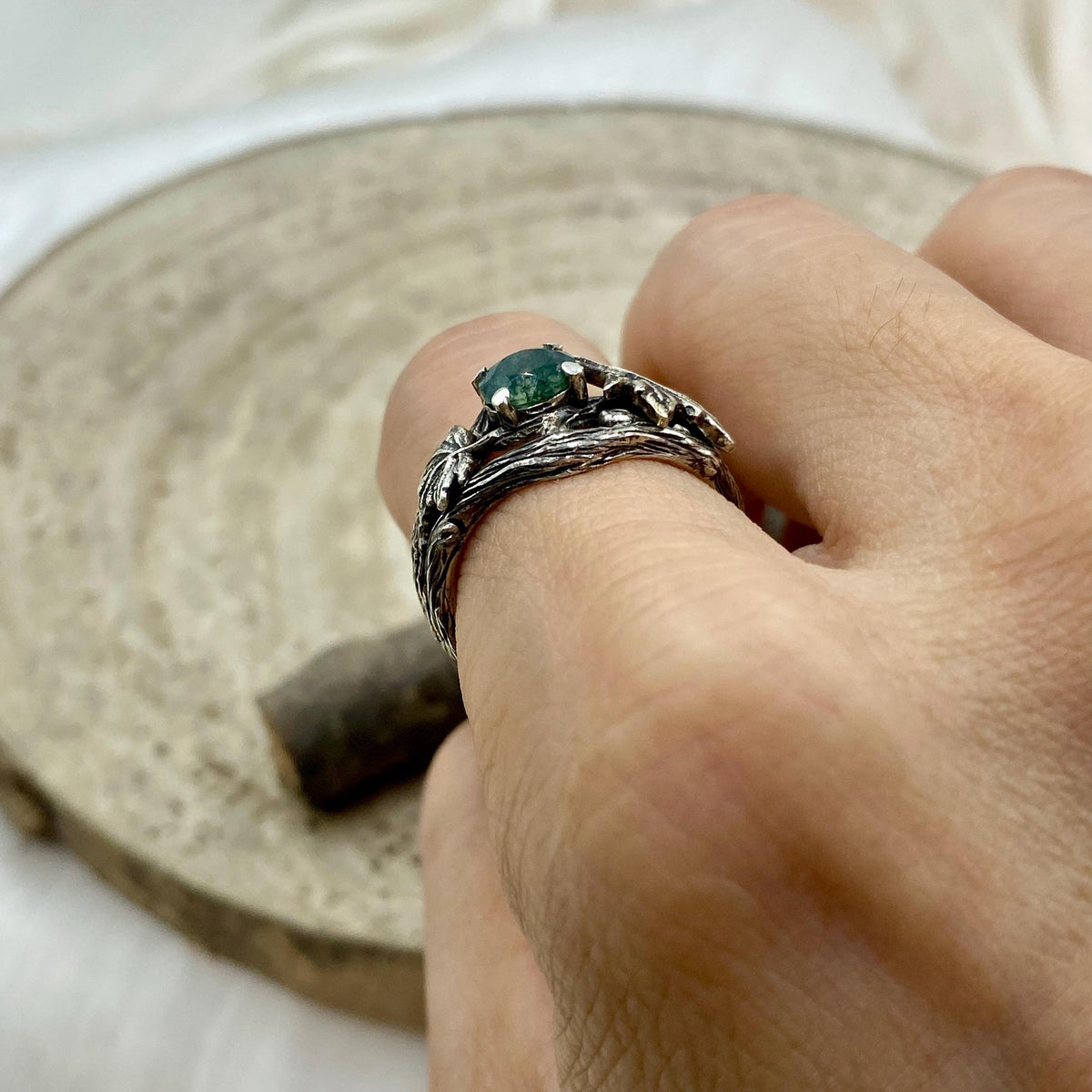 Moss Agate Sterling Silver Maple Leaf Ring