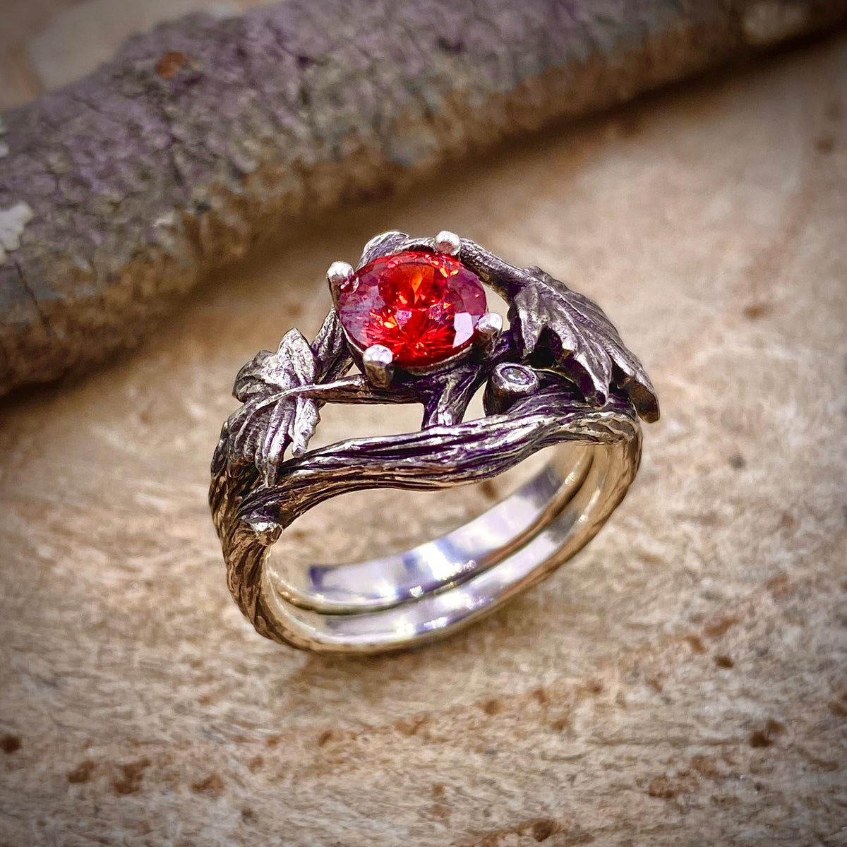 Padparadscha Sterling Silver Twig Ring