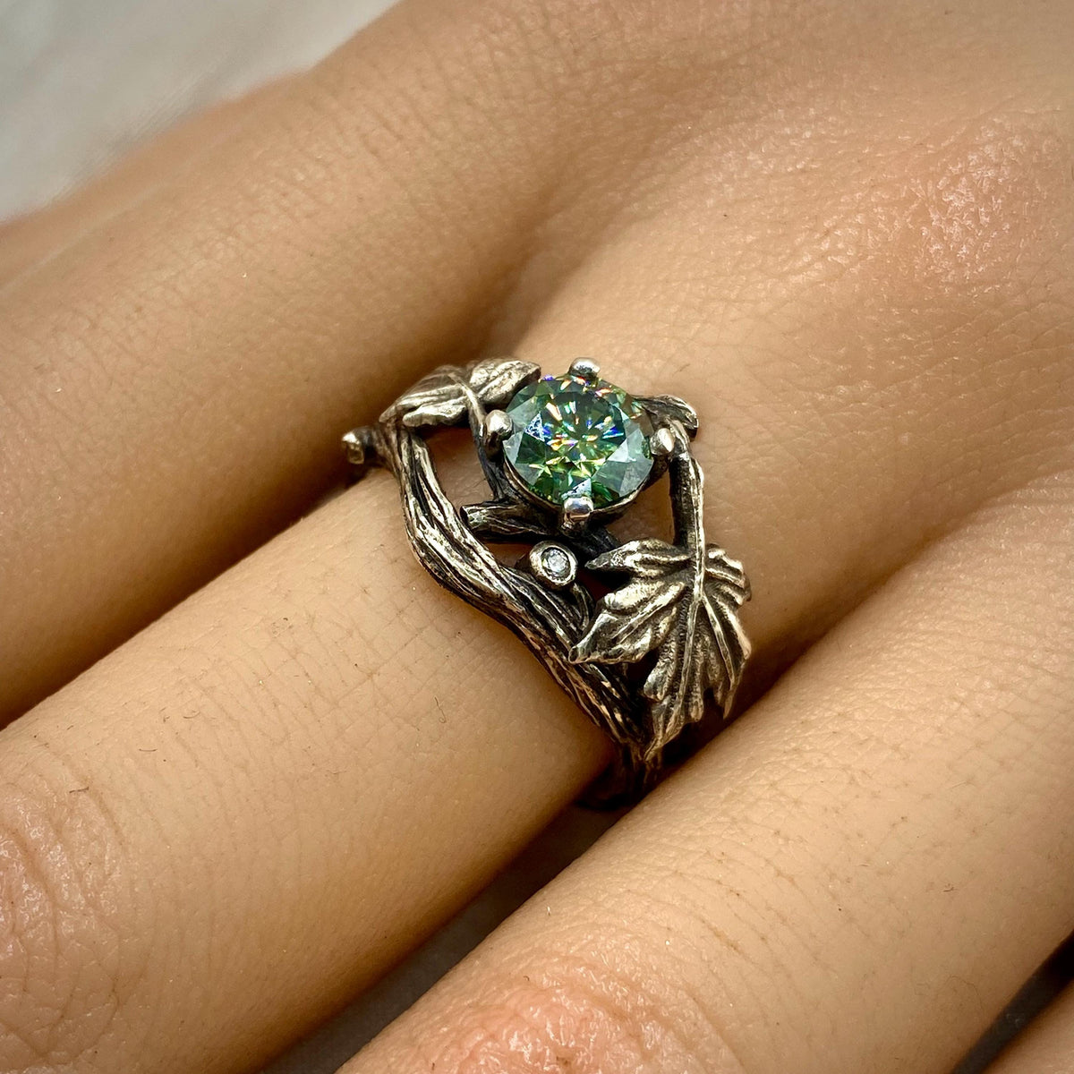 Green Moissanite Sterling Silver Maple Leaf Ring