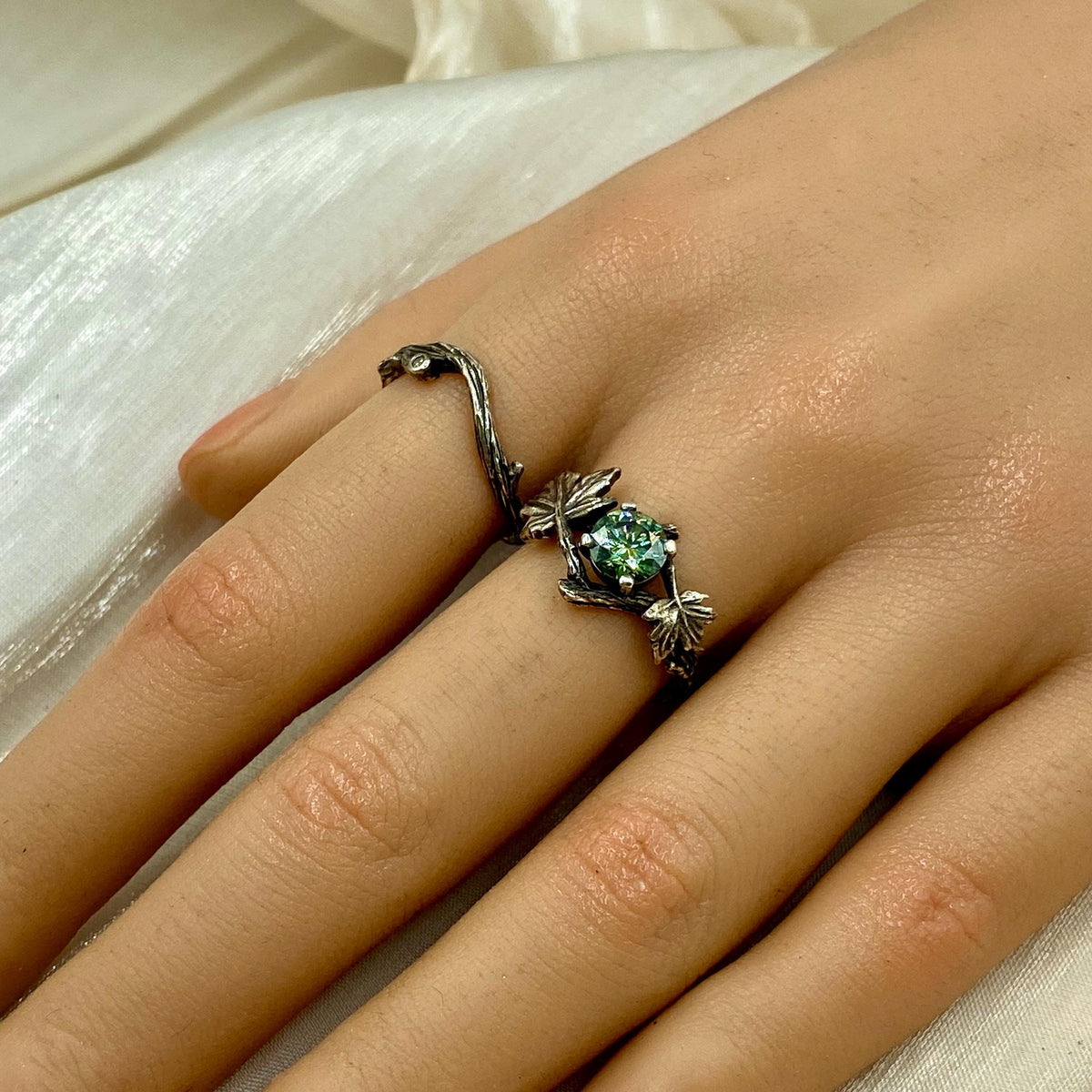 Green Moissanite Sterling Silver Maple Leaf Ring