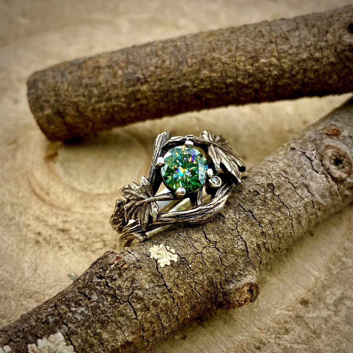 Green Moissanite Sterling Silver Maple Leaf Ring