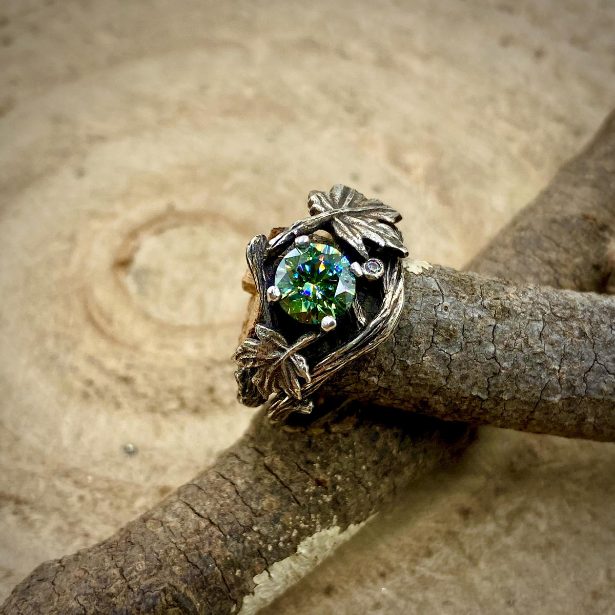 Green Moissanite Sterling Silver Maple Leaf Ring