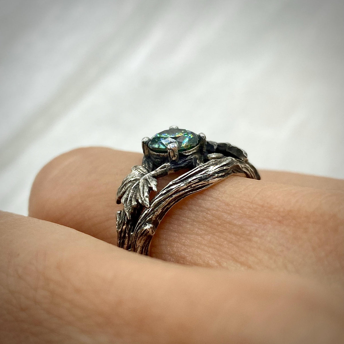 Green Moissanite Sterling Silver Maple Leaf Ring