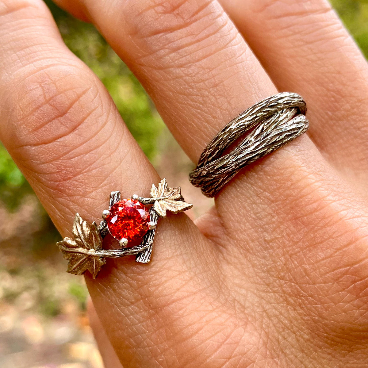 Padparadscha Sterling Silver Maple Leaf Ring Set