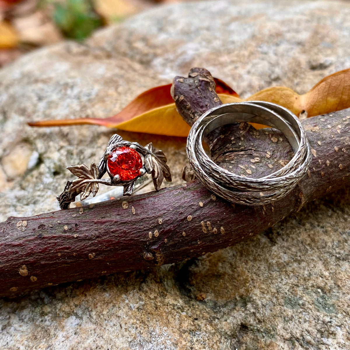 Padparadscha Sterling Silver Maple Leaf Ring Set