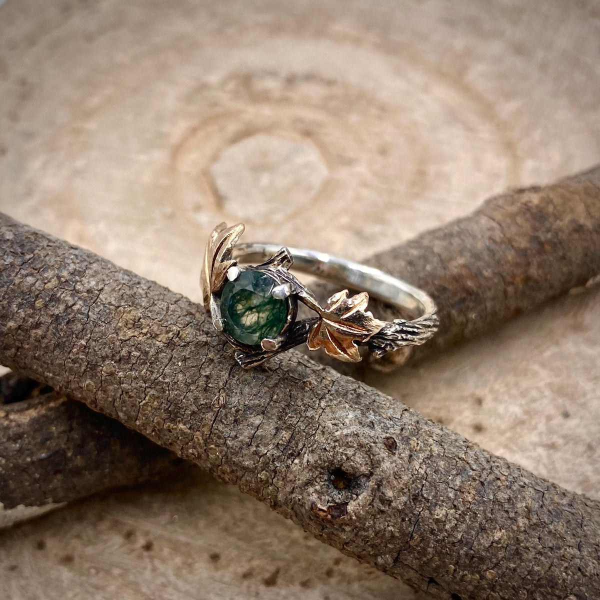Moss Agate Sterling Silver Maple Leaf Ring