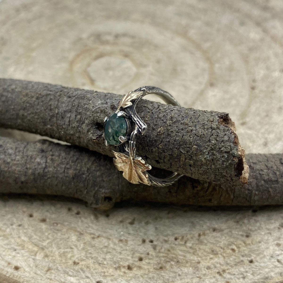 Moss Agate Sterling Silver Maple Leaf Ring