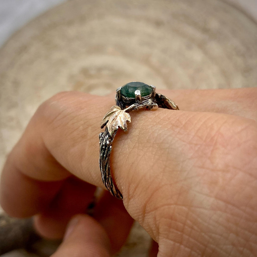 Moss Agate Sterling Silver Maple Leaf Ring