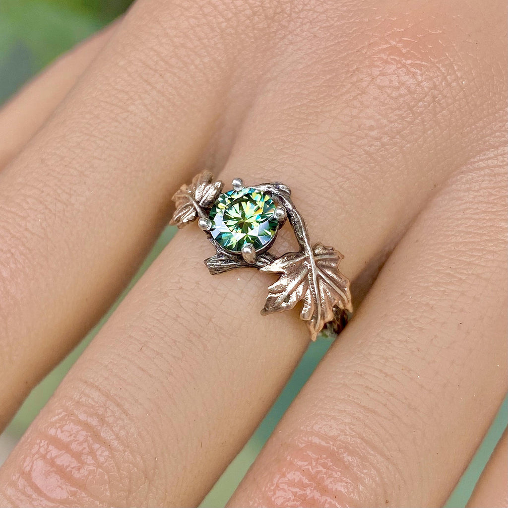 Green Moissanite Sterling Silver Maple Leaf Ring