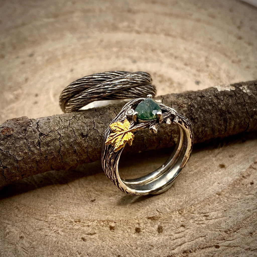 Moss Agate Sterling Silver Twig Ring Set