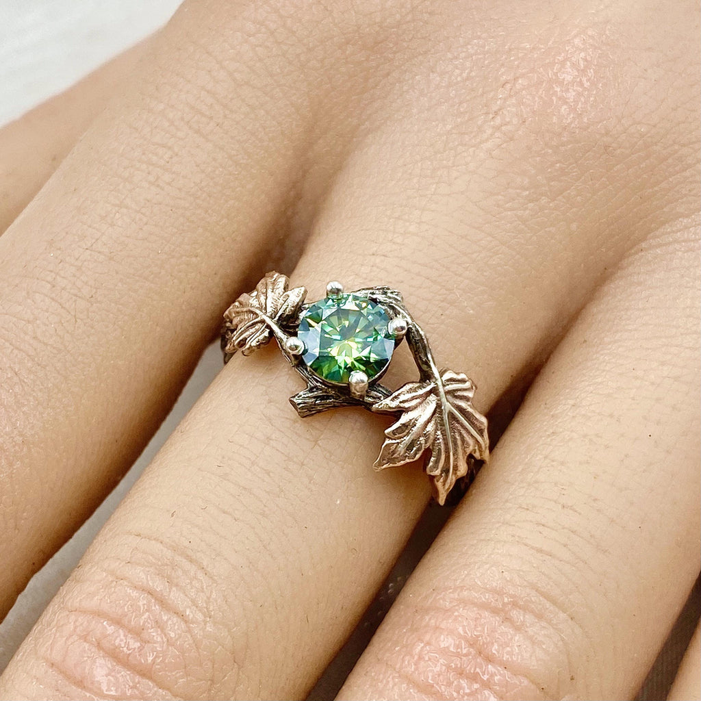 Green Moissanite Sterling Silver Maple Leaf Ring