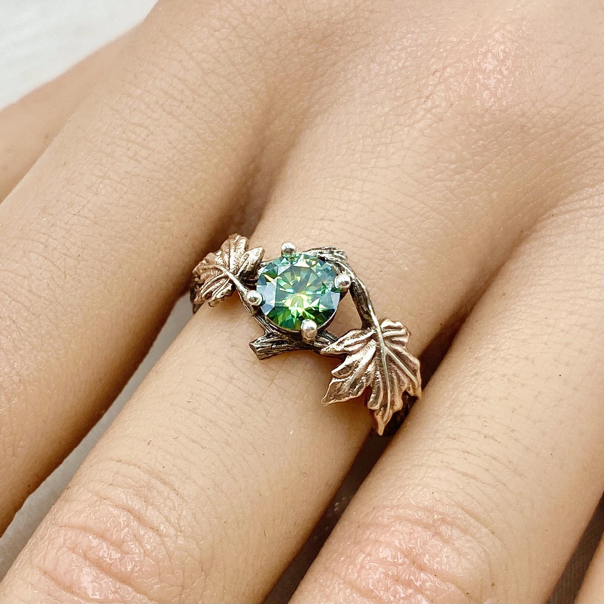 Green Moissanite Sterling Silver Maple Leaf Ring