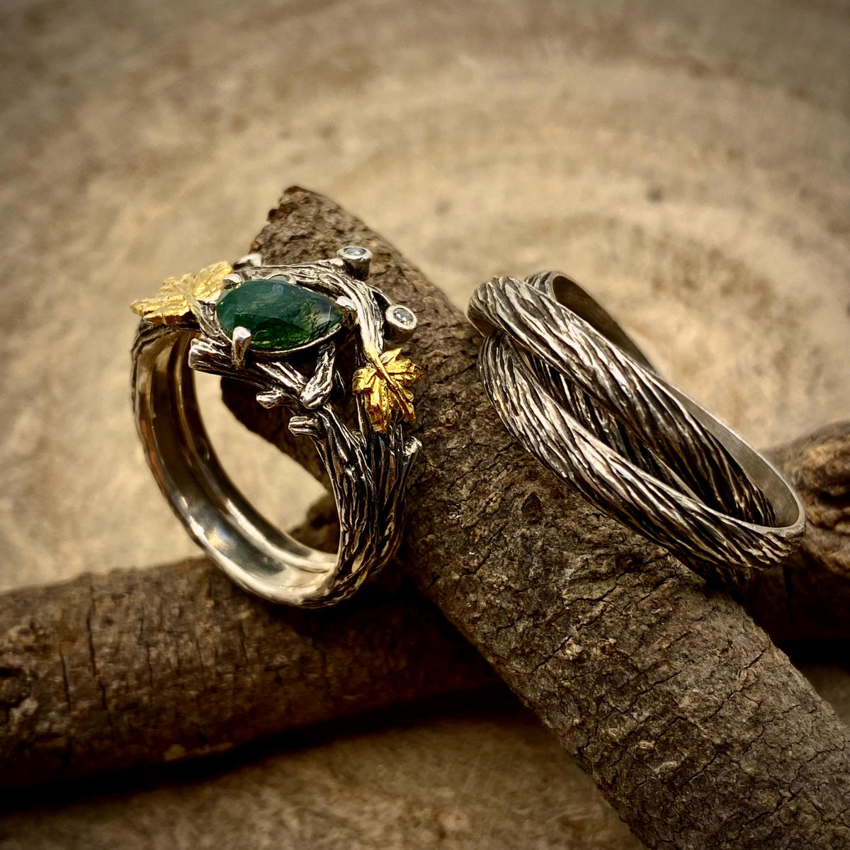 Moss Agate Sterling Silver Maple Leaf Ring Set