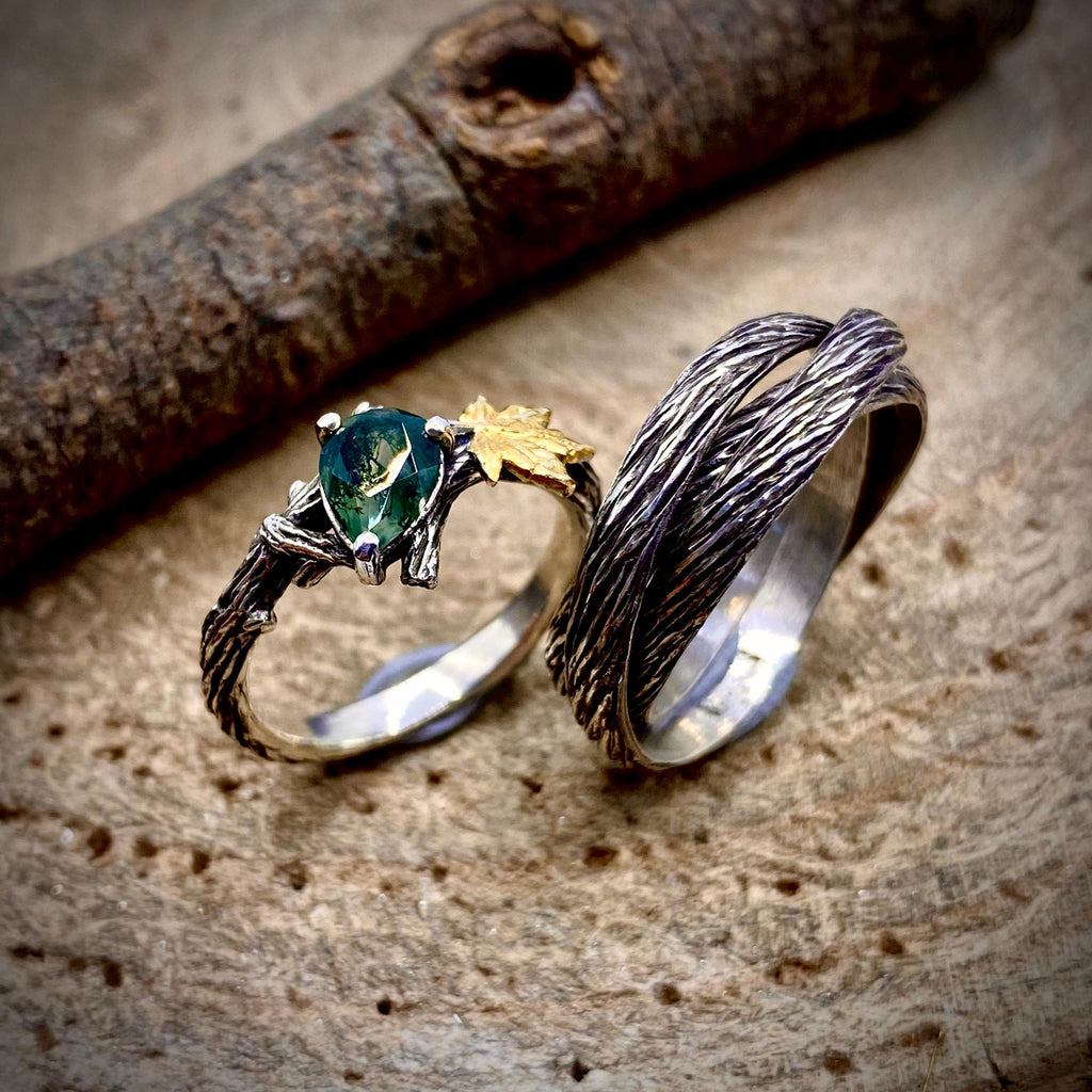 Moss Agate Sterling Silver Maple Leaf Ring Set