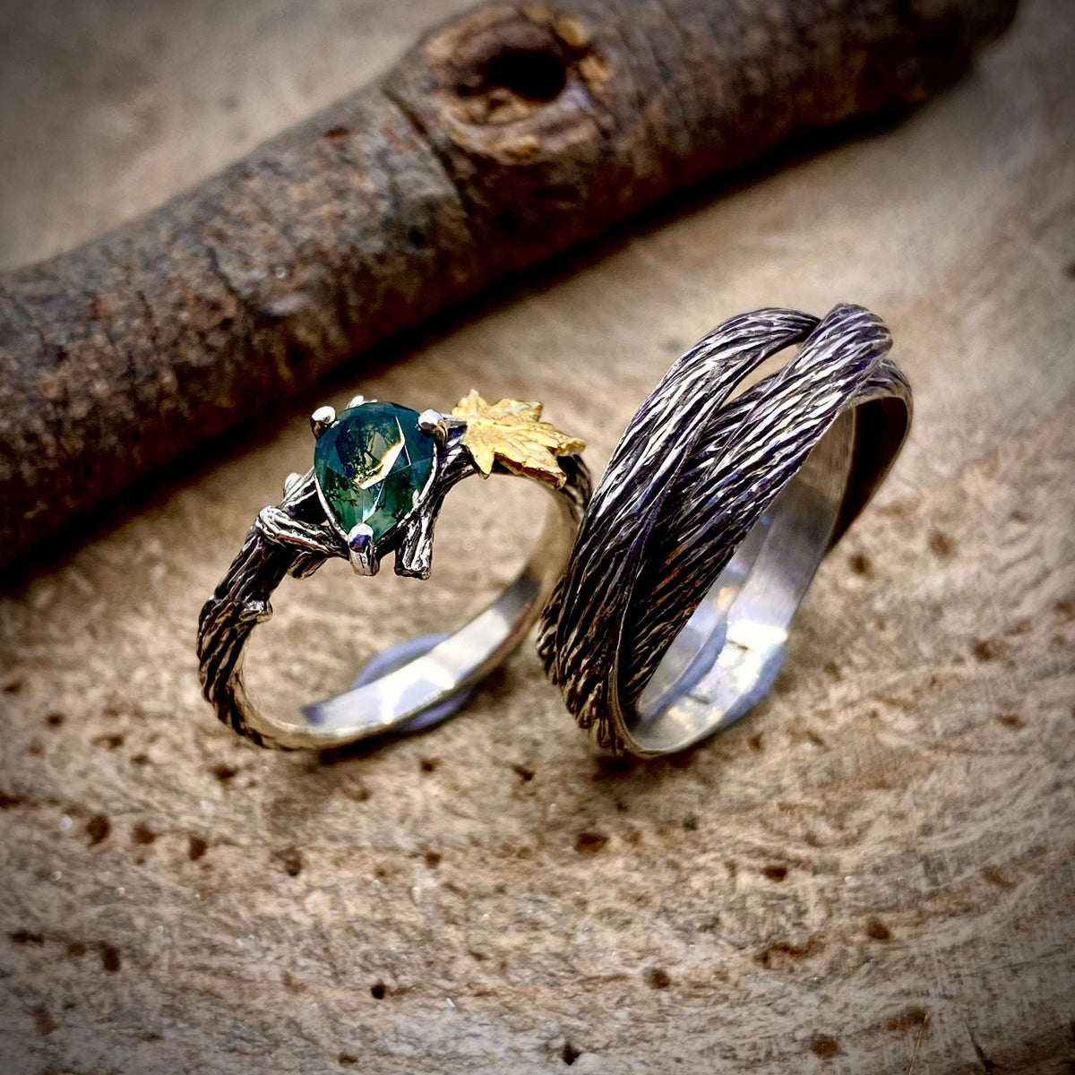 Moss Agate Sterling Silver Maple Leaf Ring Set