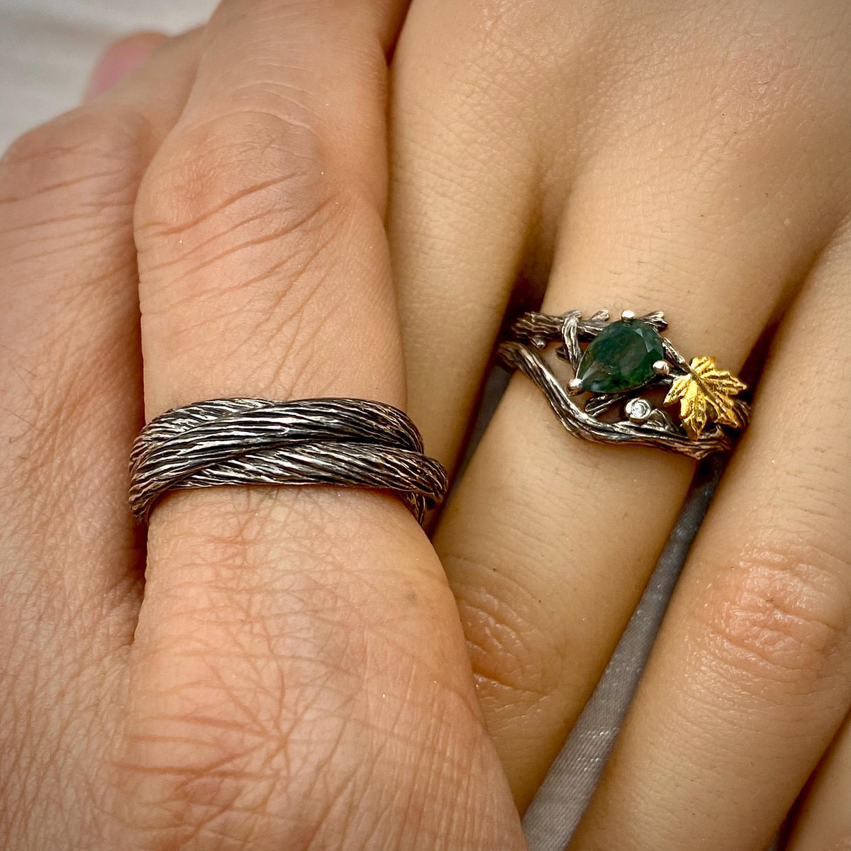 Moss Agate Sterling Silver Twig Ring Set