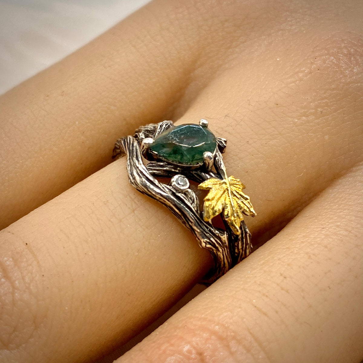 Moss Agate Sterling Silver Twig Ring Set