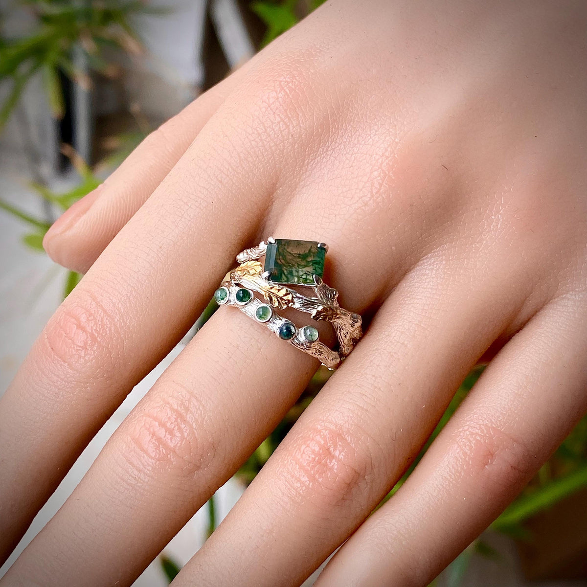 Moss Agate Sterling Silver Oak Leaf Ring