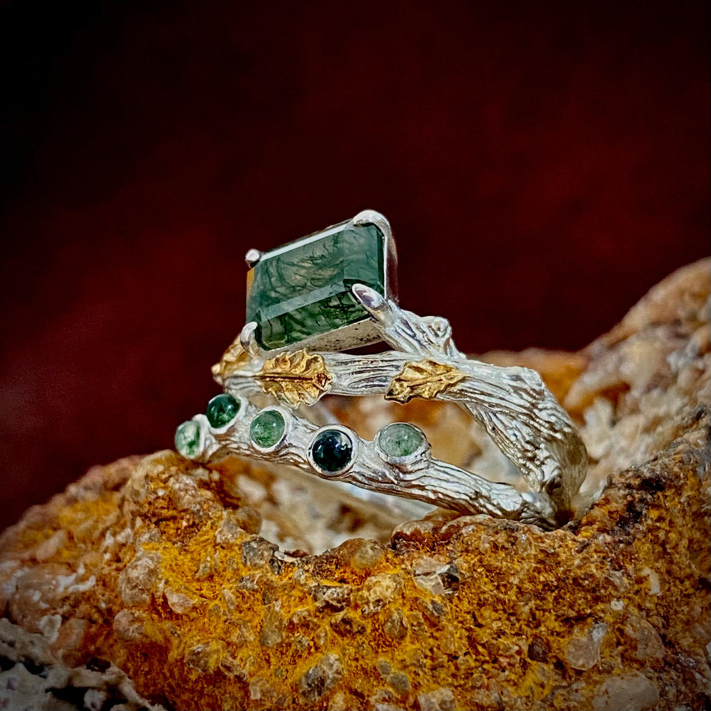 Moss Agate Sterling Silver Oak Leaf Ring