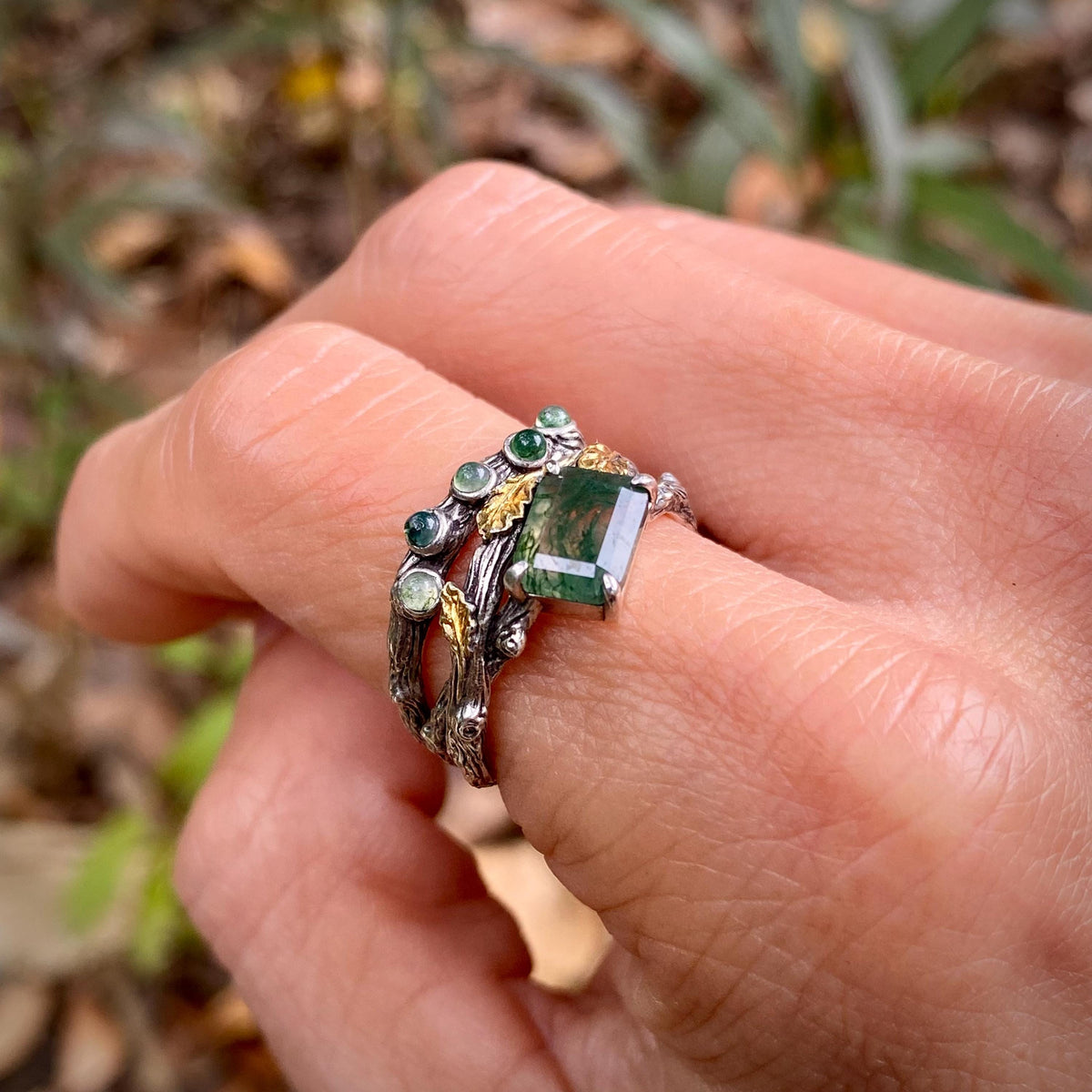 Moss Agate Sterling Silver Oak Leaf Ring