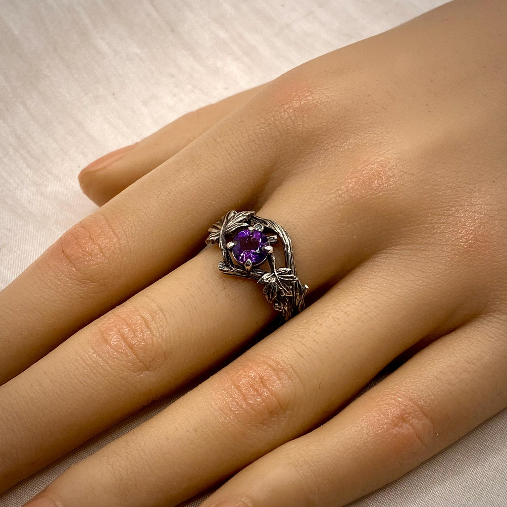 Amethyst Sterling Silver Maple Leaf Band