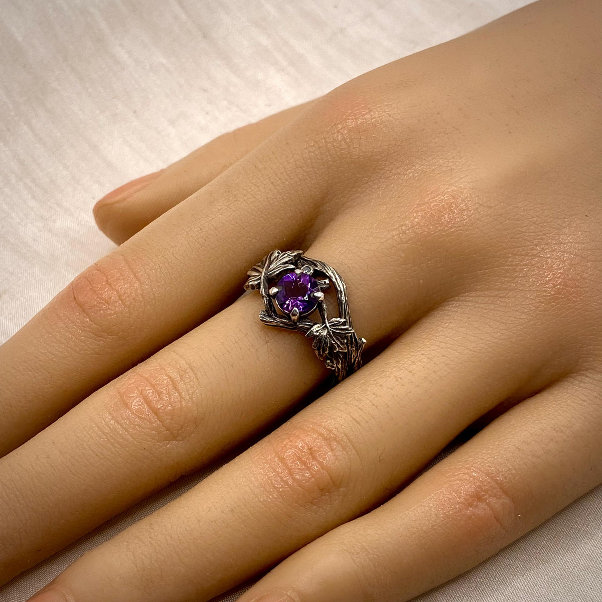 Amethyst Sterling Silver Maple Leaf Band