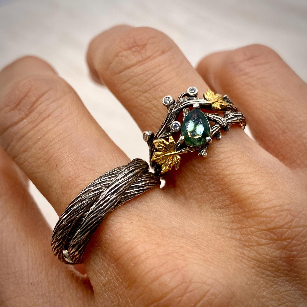 Moss Agate Sterling Silver Maple Leaf Ring Set