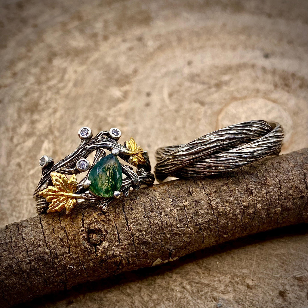 Moss Agate Sterling Silver Maple Leaf Ring Set