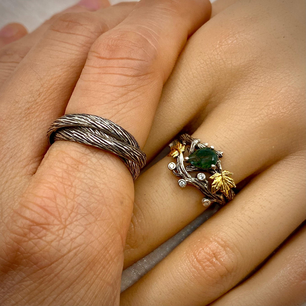 Moss Agate Sterling Silver Maple Leaf Ring Set