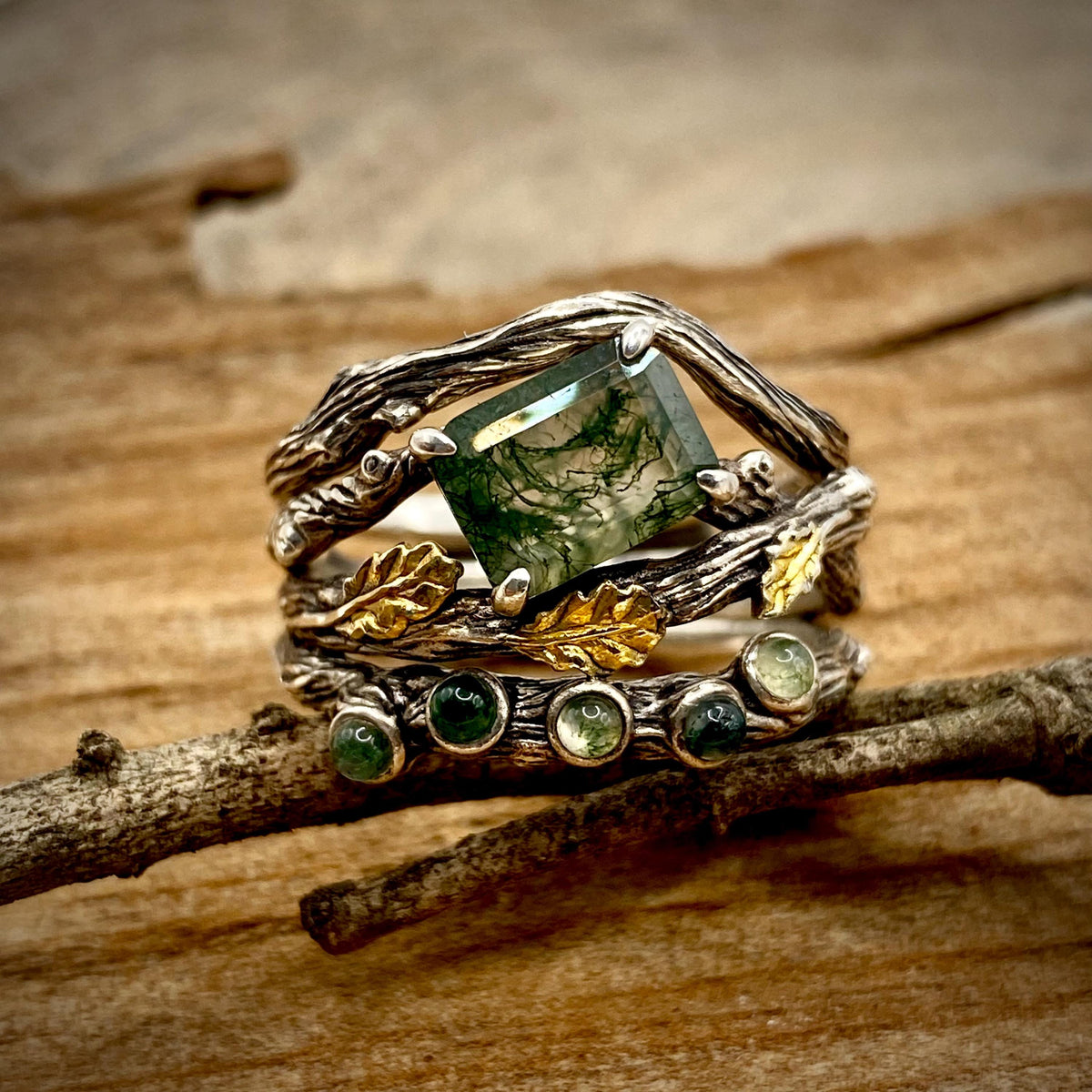 Moss Agate Sterling Silver Oak Leaf Ring