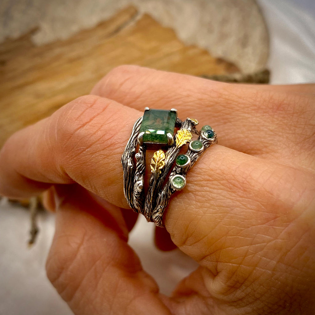 Moss Agate Sterling Silver Oak Leaf Ring