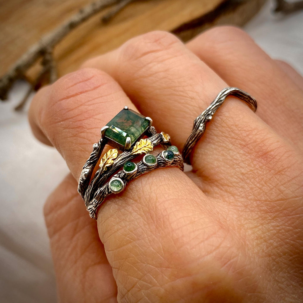 Moss Agate Sterling Silver Oak Leaf Ring