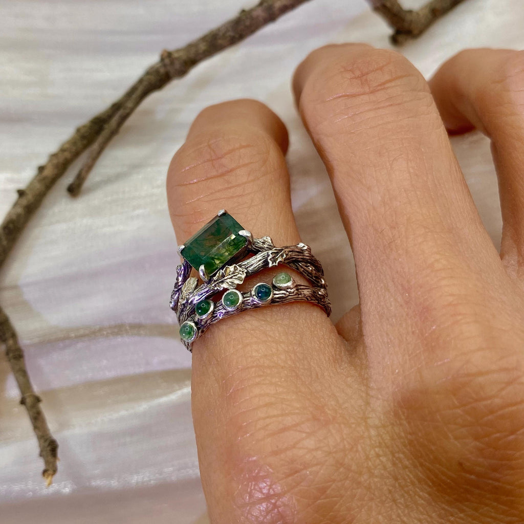Moss Agate Sterling Silver Oak Leaf Ring