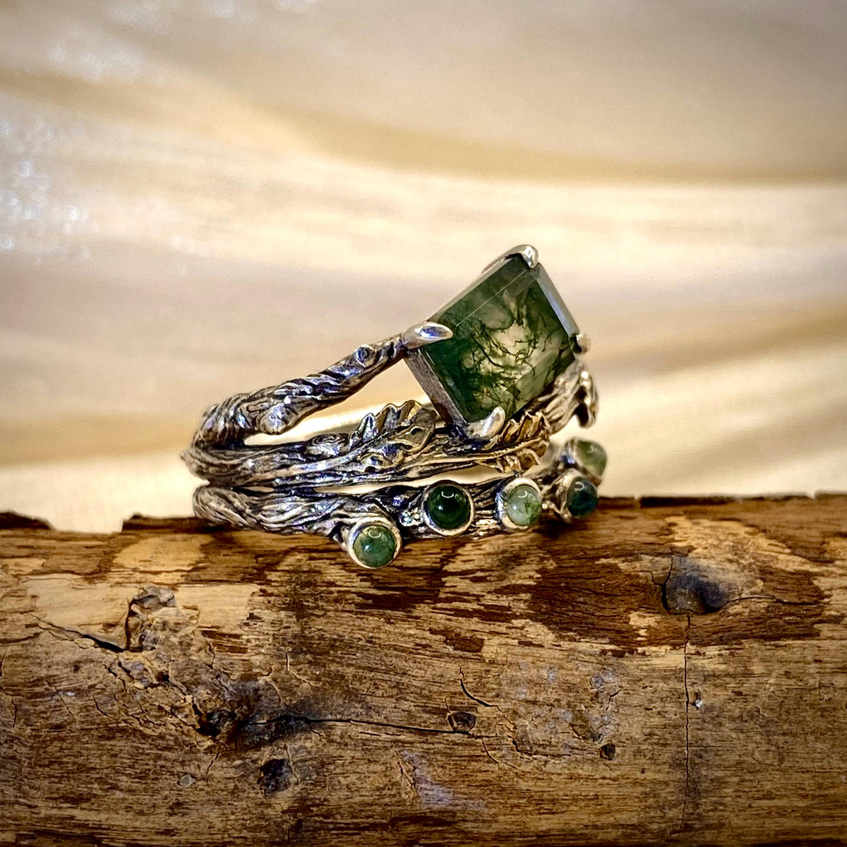Moss Agate Sterling Silver Oak Leaf Ring