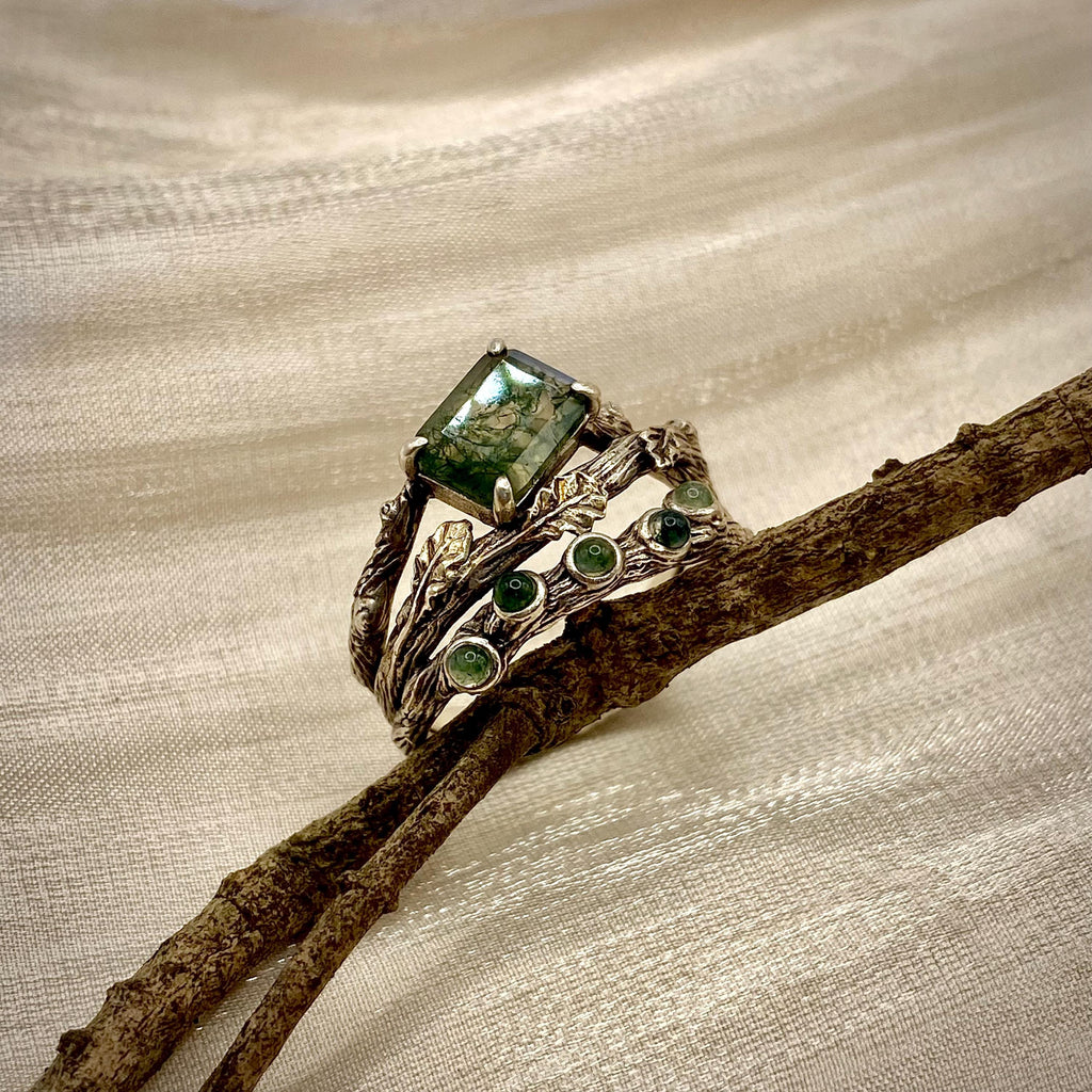 Moss Agate Sterling Silver Oak Leaf Ring