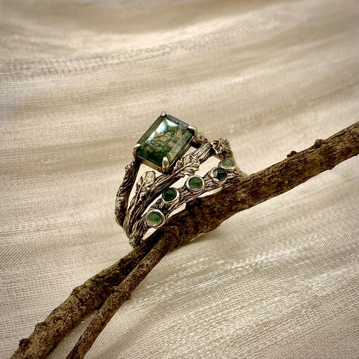 Moss Agate Sterling Silver Oak Leaf Ring