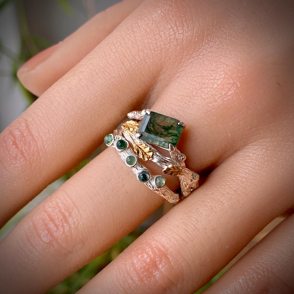 Moss Agate Sterling Silver Oak Leaf Ring