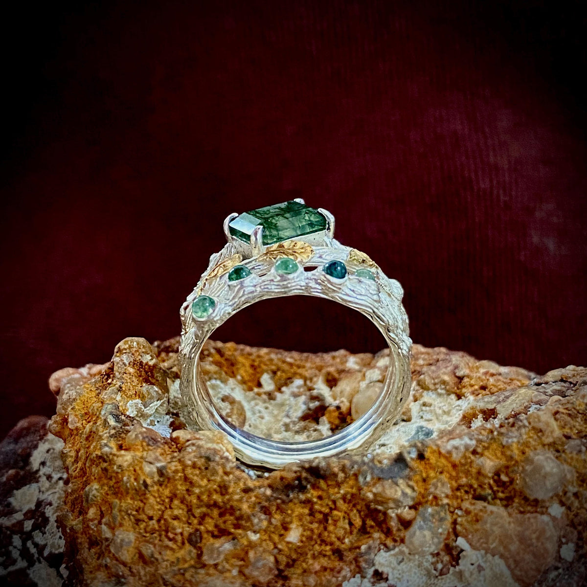Moss Agate Sterling Silver Oak Leaf Ring