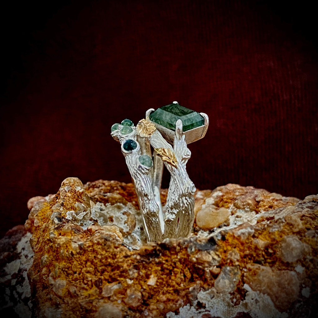 Moss Agate Sterling Silver Oak Leaf Ring