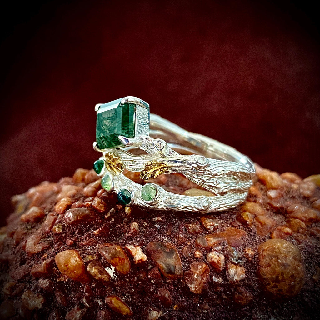 Moss Agate Sterling Silver Oak Leaf Ring