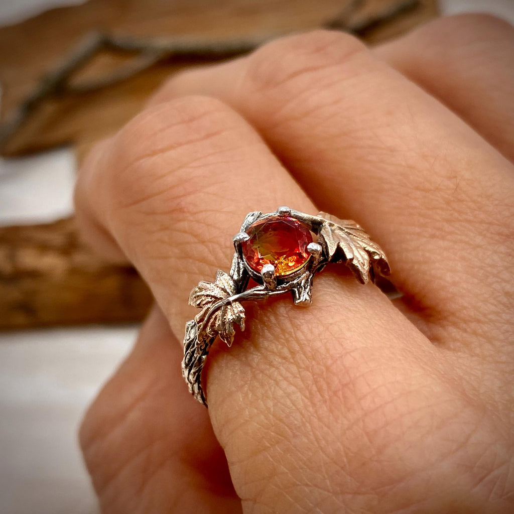 Watermelon Tourmaline Sterling Silver Maple Leaf Ring