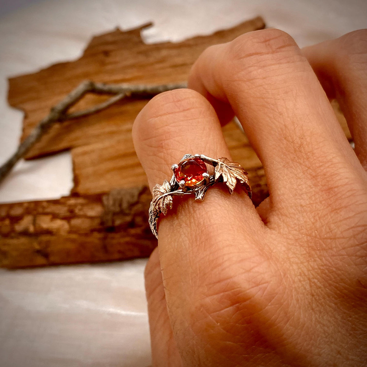 Watermelon Tourmaline Sterling Silver Maple Leaf Ring